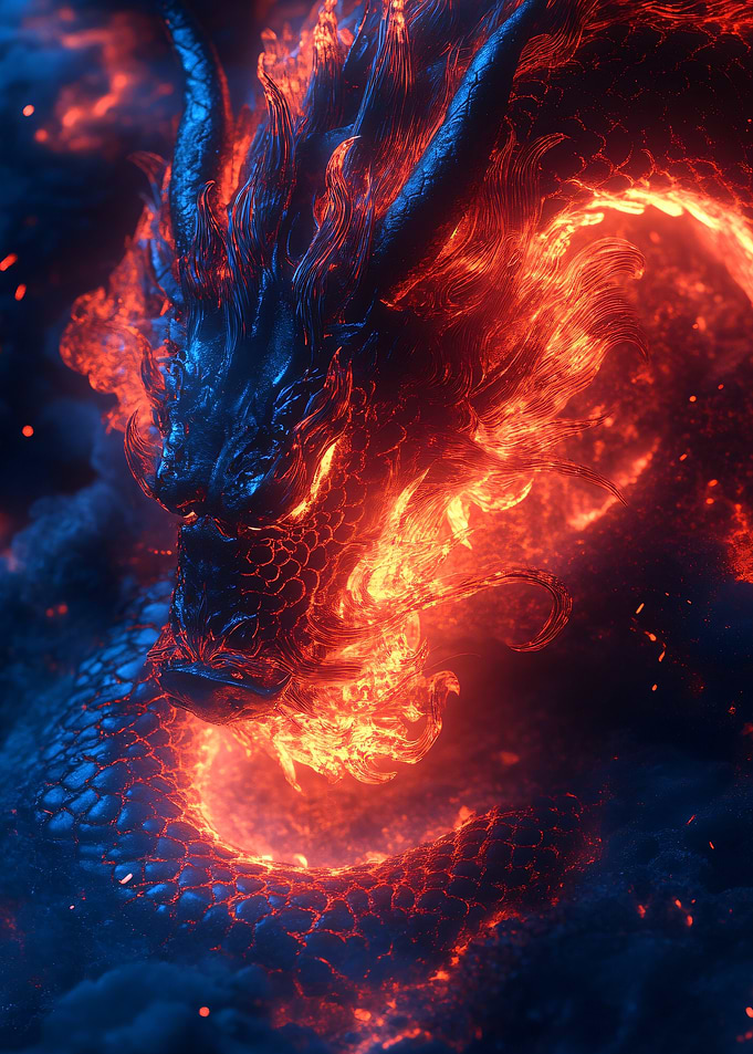 Fiery Dragon in Dark Clouds