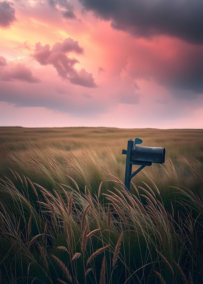 Mailbox in a grassy field at sunset