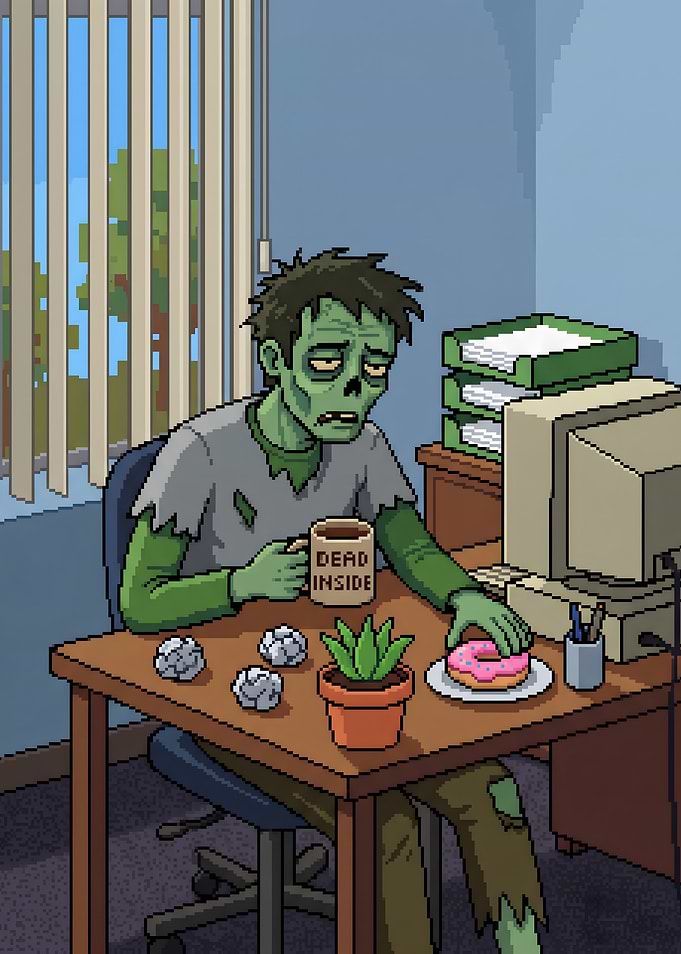 Zombie Office Worker with Coffee and Donut