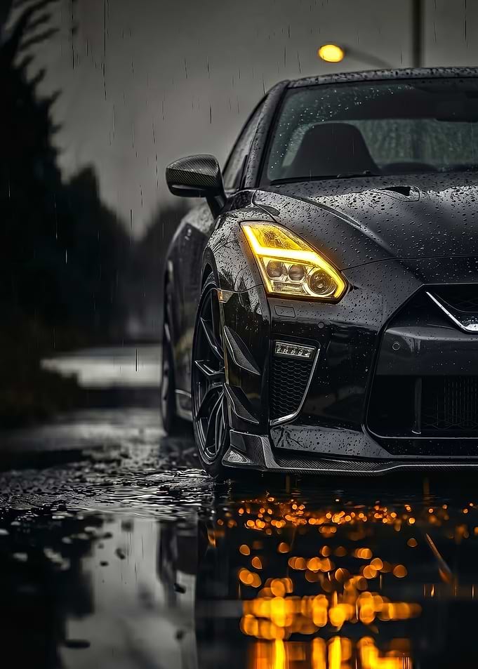 close up Black GT-R r35 in the Rain