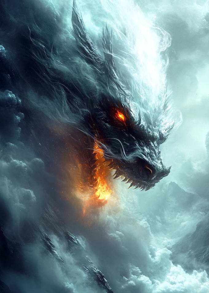 Fiery Dragon Emerging from Clouds