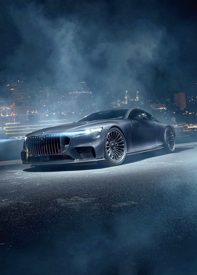 Luxury Coupe in Smoky Cityscape
