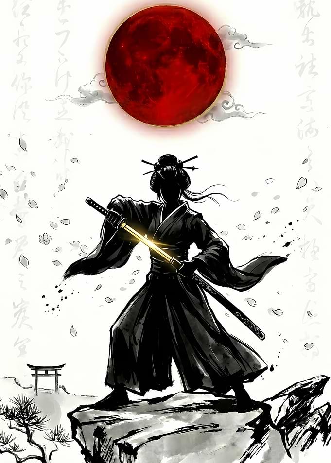 Samurai Warrior Under a Blood Moon