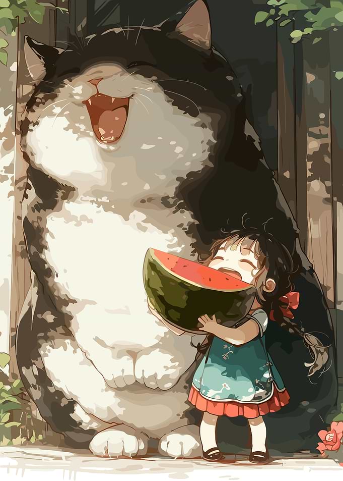 Giant Cat and Girl Eating Watermelon
