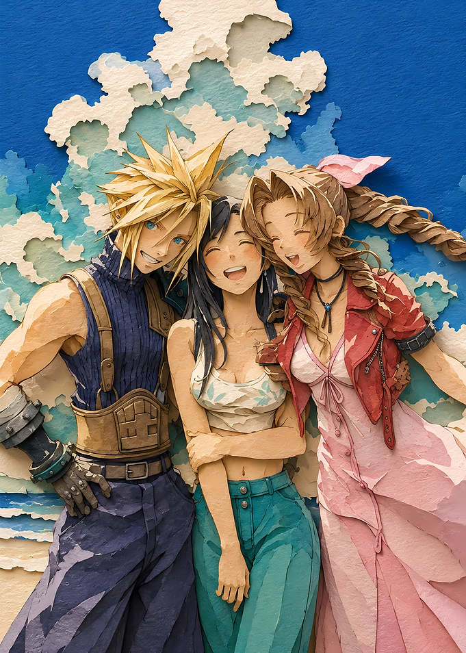 Final Fantasy characters in paper art style