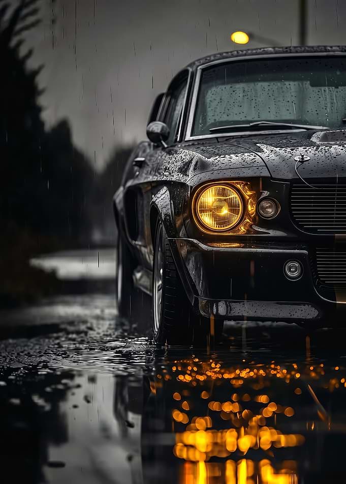 close up Classic eleanor shelby gt500 Car in Rain