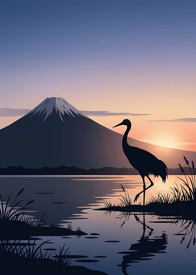 Crane and Mount Fuji at Sunset
