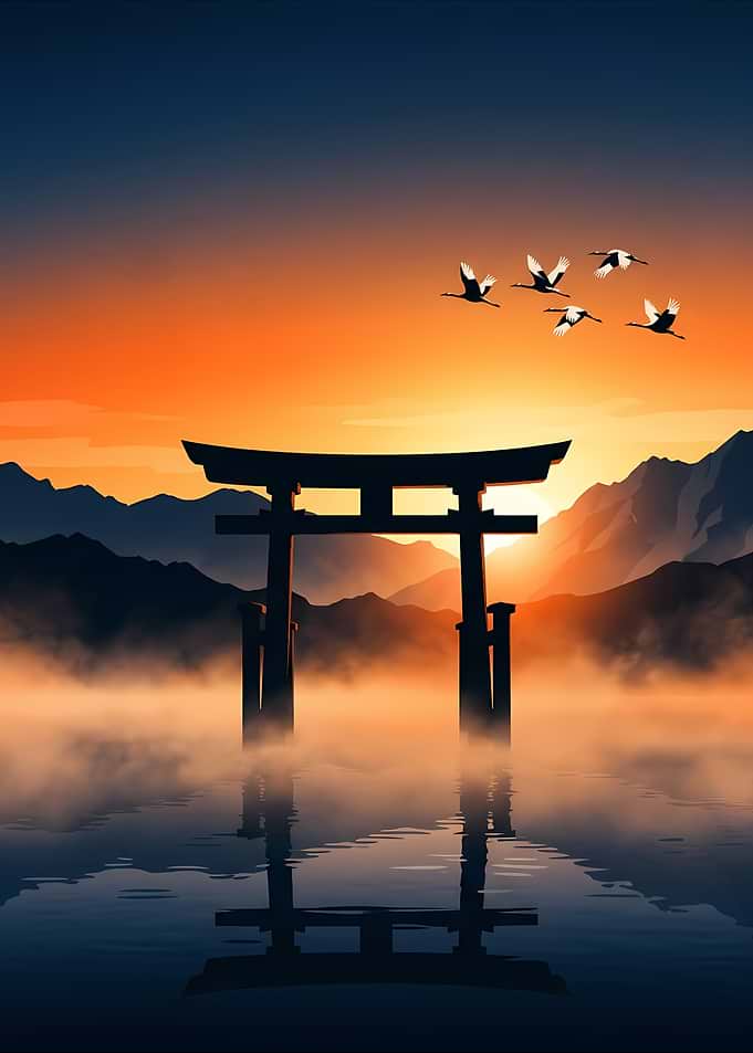 Torii Gate at Sunrise with Cranes