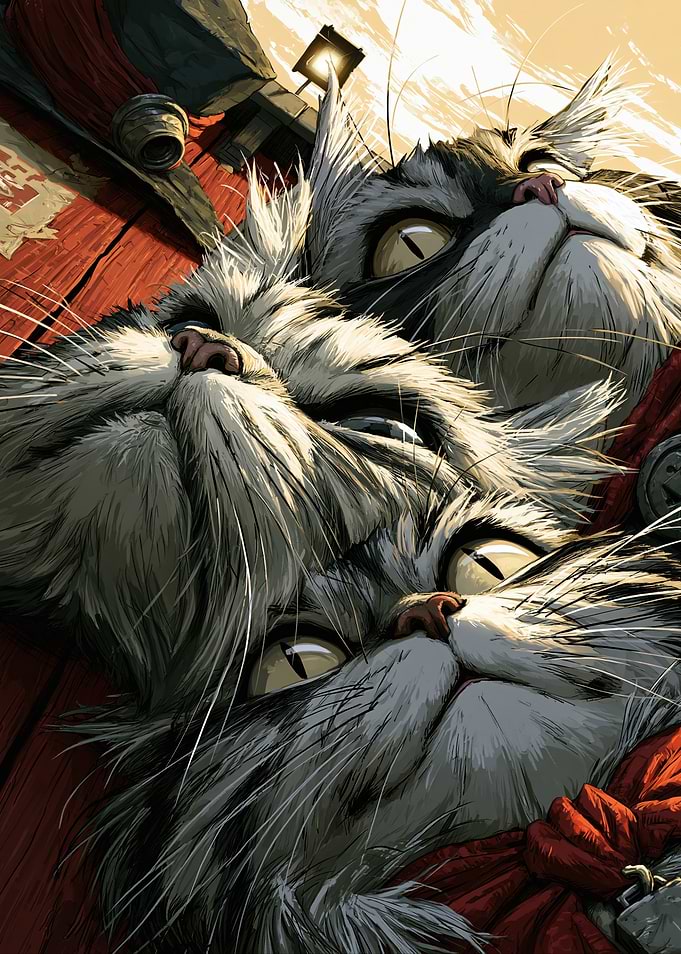 Three Fluffy Cats Looking Up