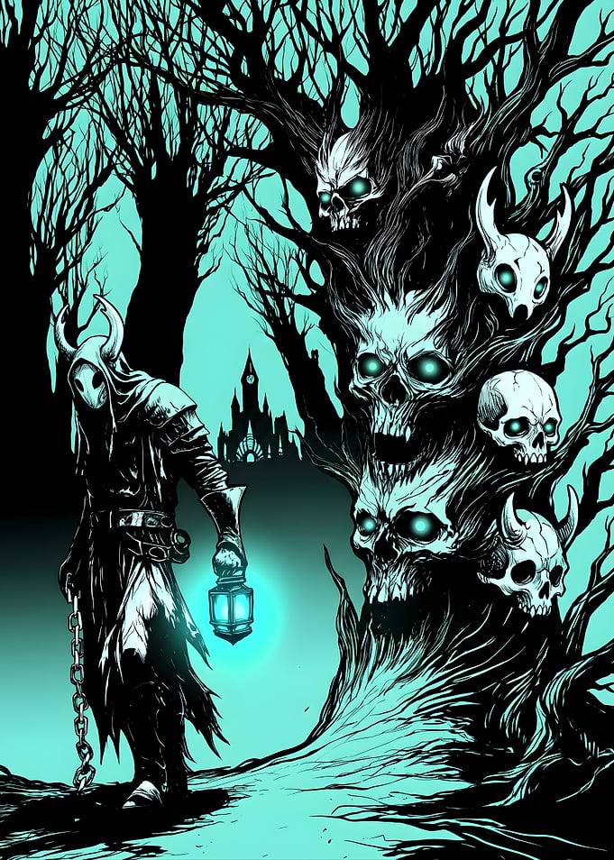 Grim Reaper with Lantern and Skull Tree