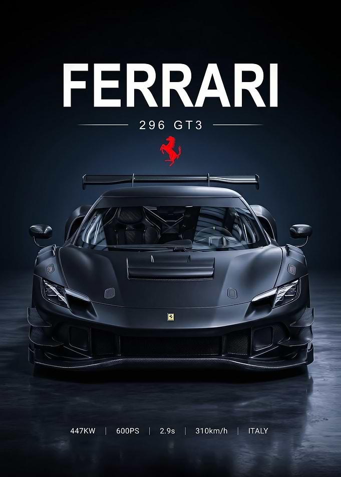 sleek black Ferrari 296 GT3 Race Car poster