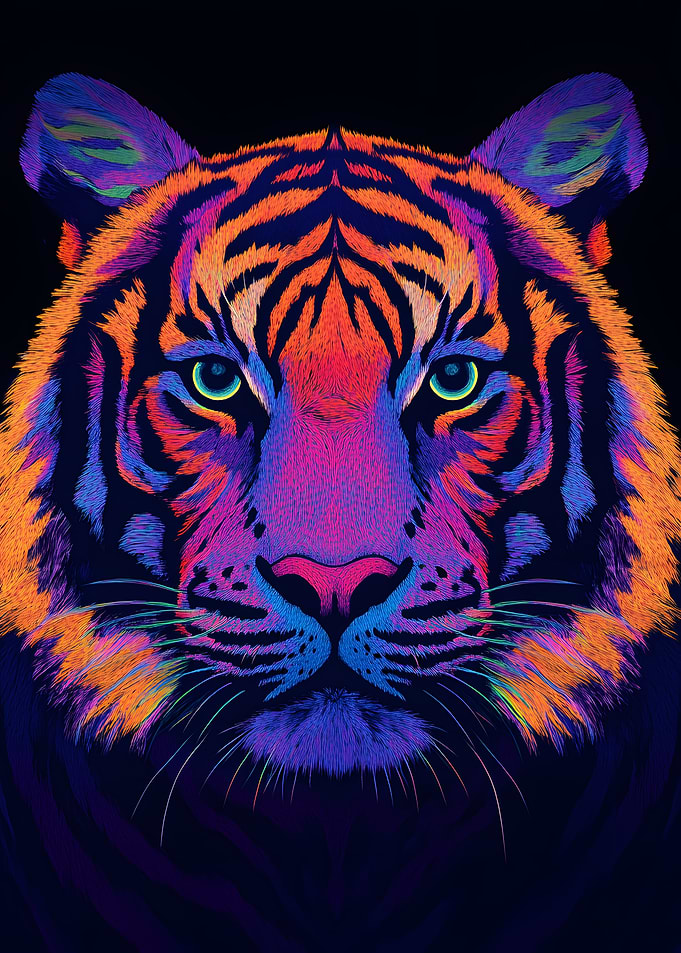 Vibrant Psychedelic Neon Synthwave Tiger Portrait