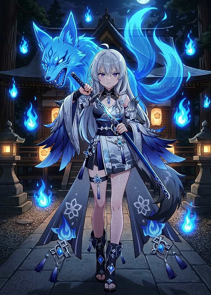 Anime Girl with Fox Spirit and Katana