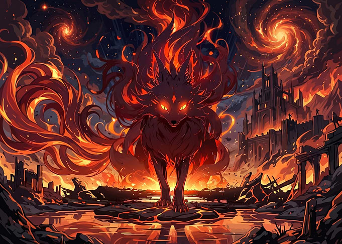 Fiery Fox Spirit Over Ruined Castle
