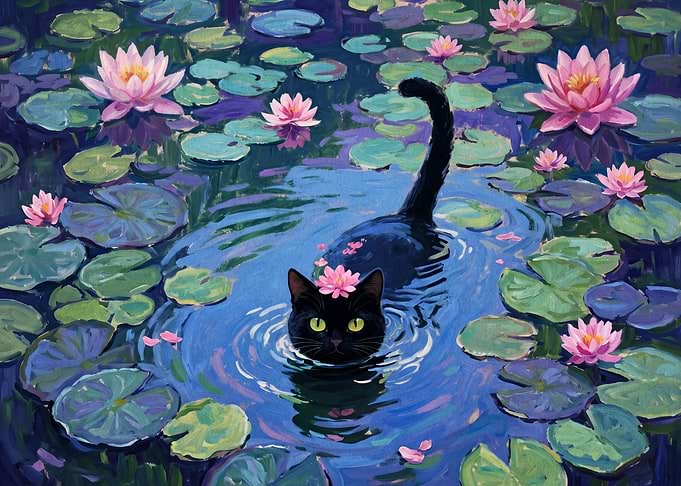 Black Cat in a Water Lily Pond