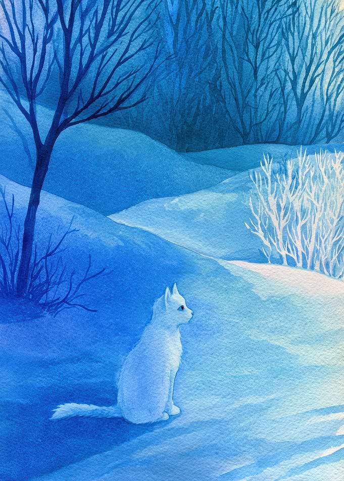 White Cat in Snowy Landscape