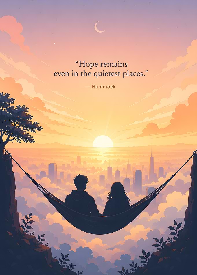 Couple in Hammock Over Cityscape at Sunset
