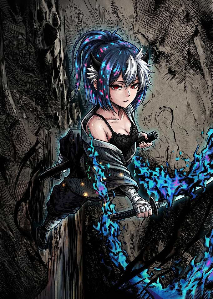 Anime warrior with blue flames