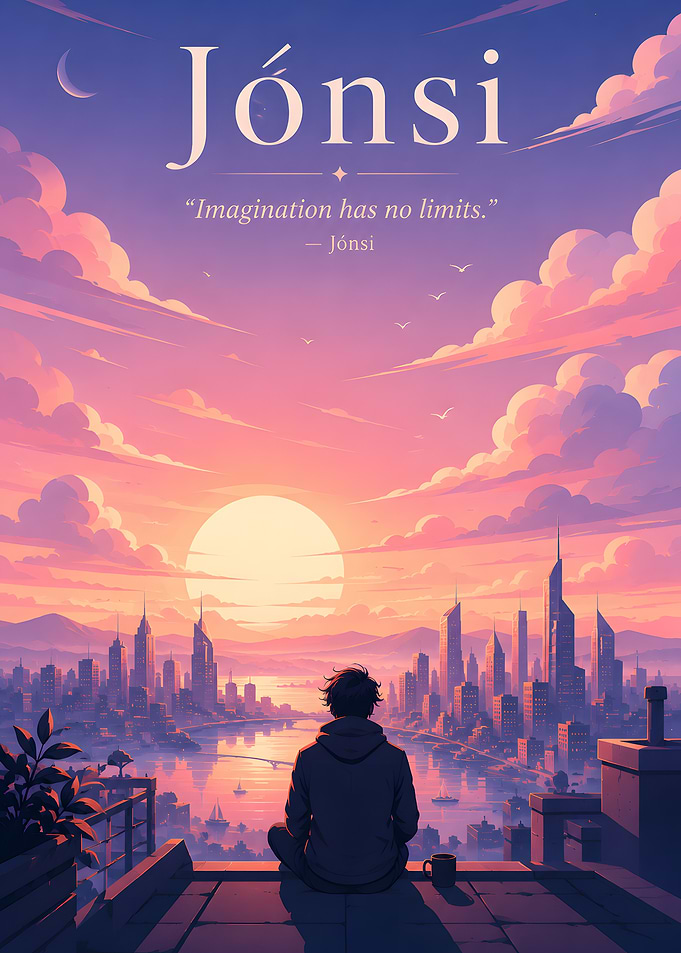 Man overlooking a city at sunset