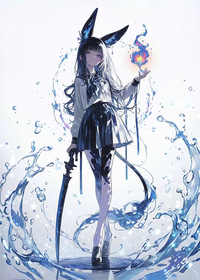 Anime Girl with Fire and Water