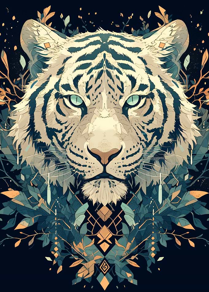 White Tiger with Floral Elements