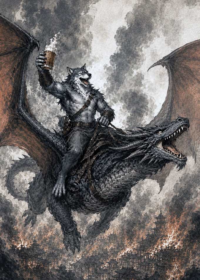 Werewolf Riding a Dragon Over Burning City