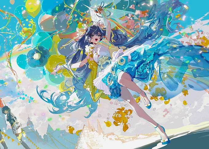 Girl with Balloons and Confetti