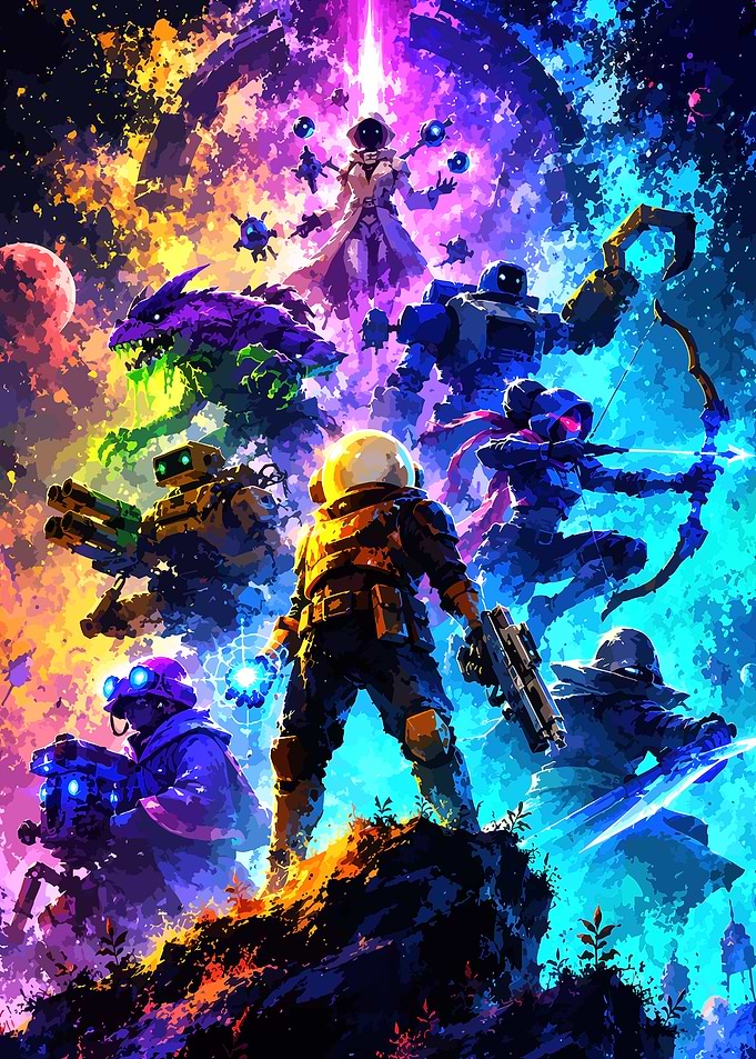 Sci-fi characters in vibrant cosmic landscape