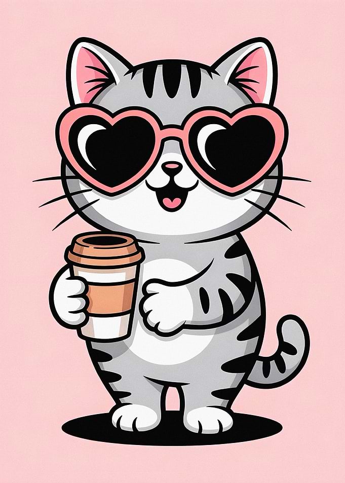 Cute Cat with Heart Sunglasses and Coffee