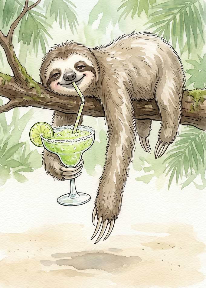 Sloth Sipping Frozen Margarita Tropical Jungle Branch Green Summer Vacation Bartender