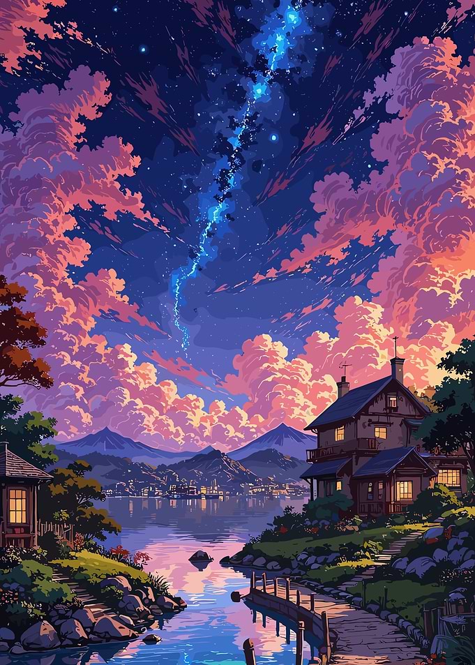 Anime Night Sky Over Lakeside Village