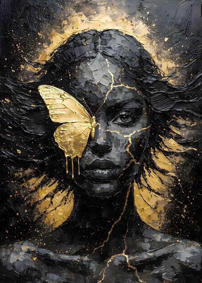 Golden Butterfly Woman Portrait in Dark Abstract Art