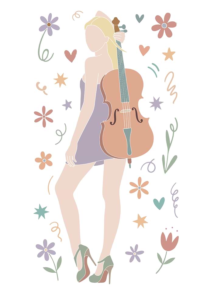 Woman with Cello and Floral Elements