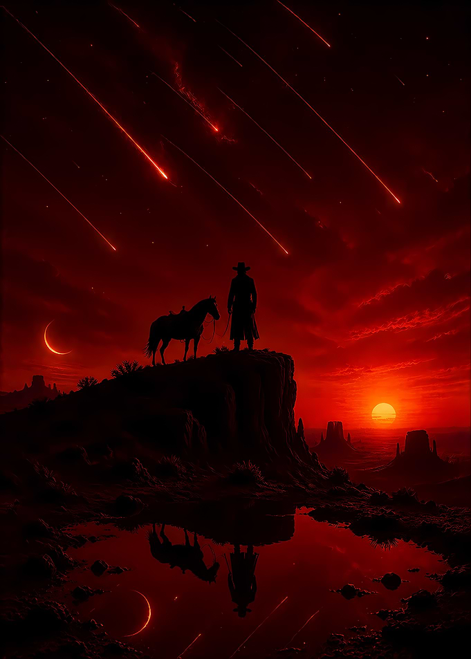 Cowboy and Horse Under Meteor Shower