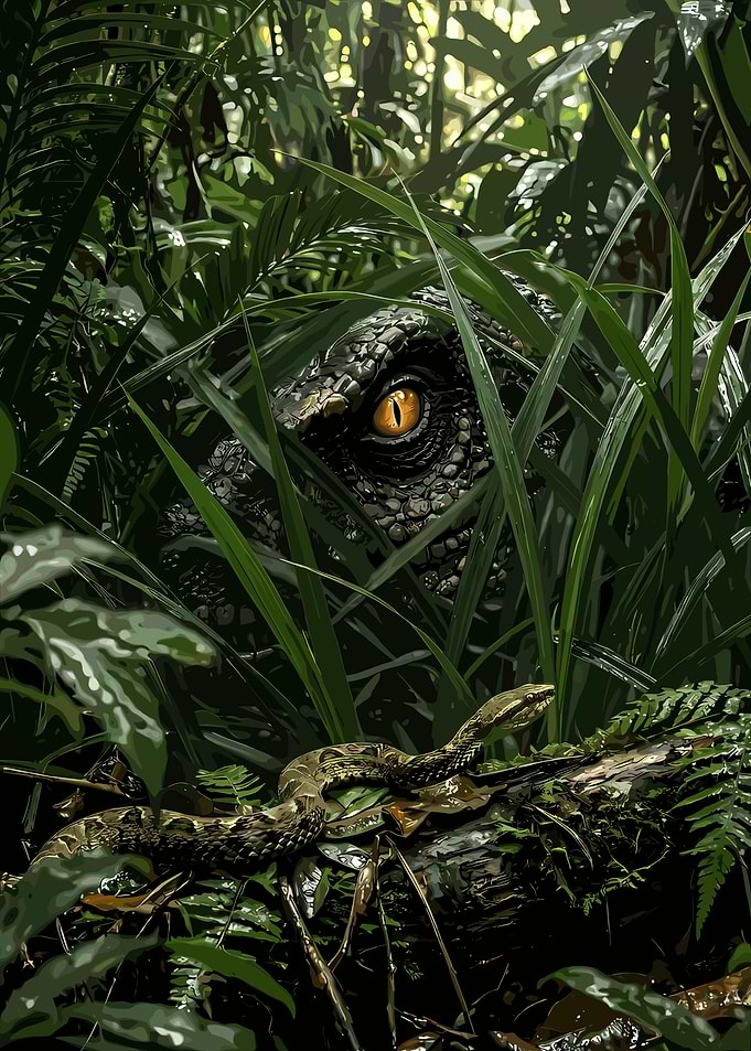 Dinosaur and Snake in Jungle