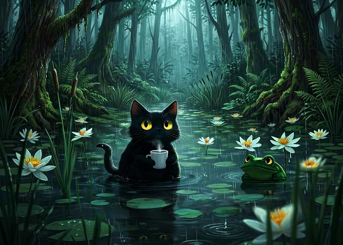 Black Cat and Frog in a Swamp