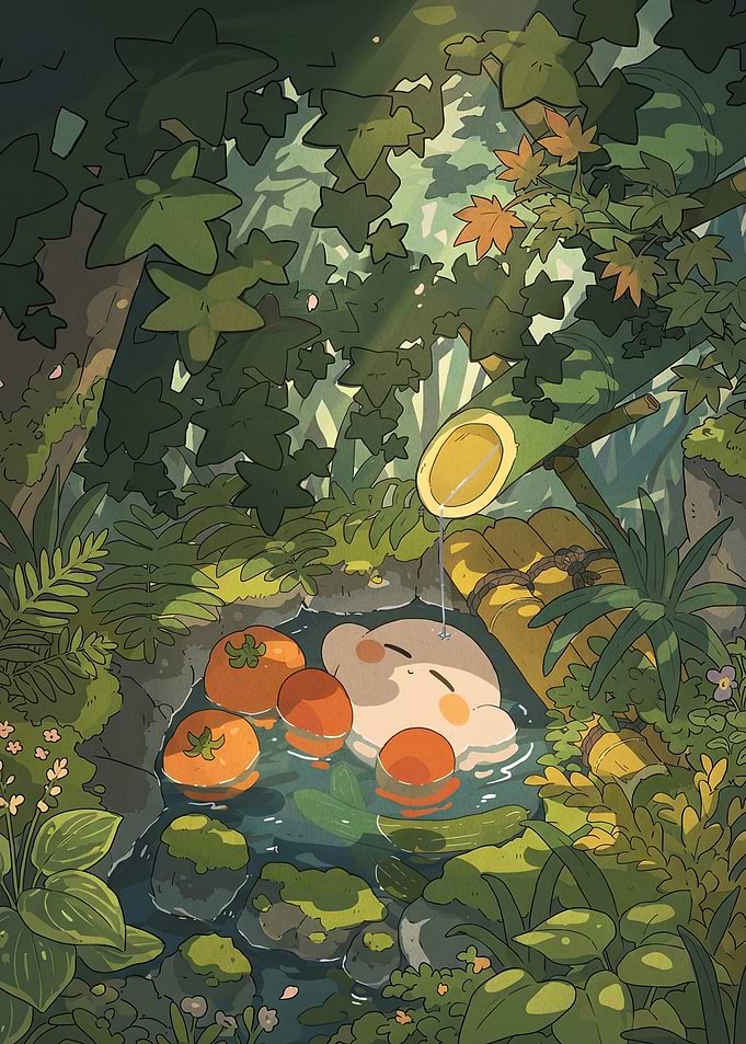 Cute character relaxing in a forest stream