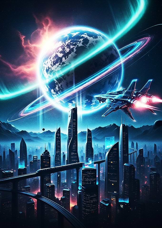 Futuristic Cityscape with Spaceship and Planet