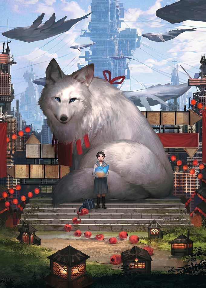 Giant Wolf and Girl in Futuristic City