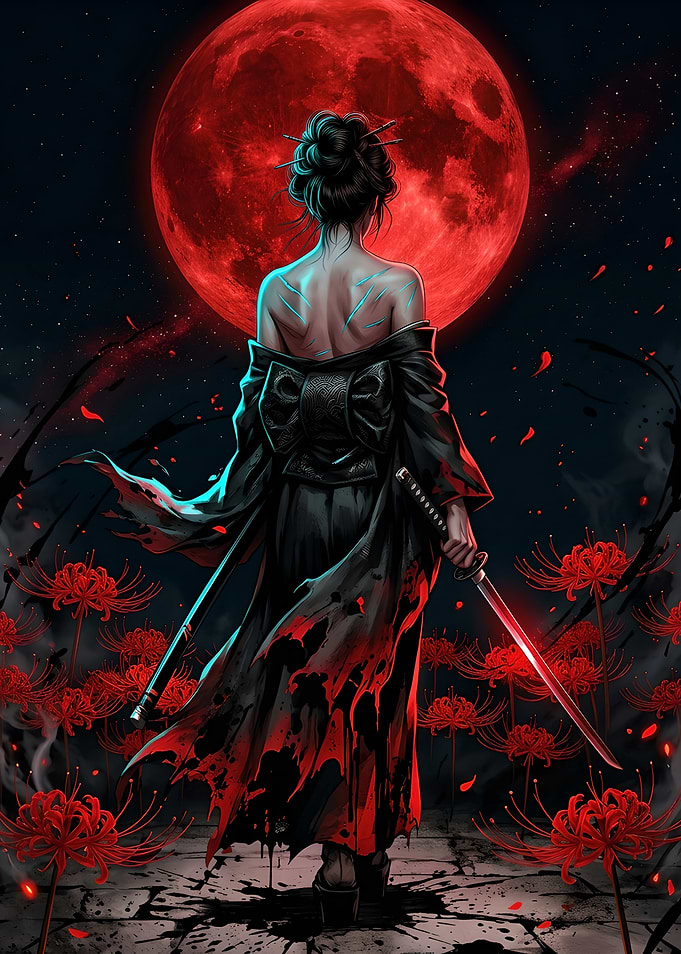 Geisha with Katana Under Red Moon