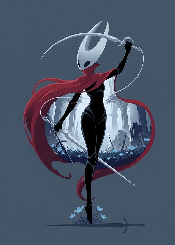 Hollow Knight Hornet with Swords and Red Cape
