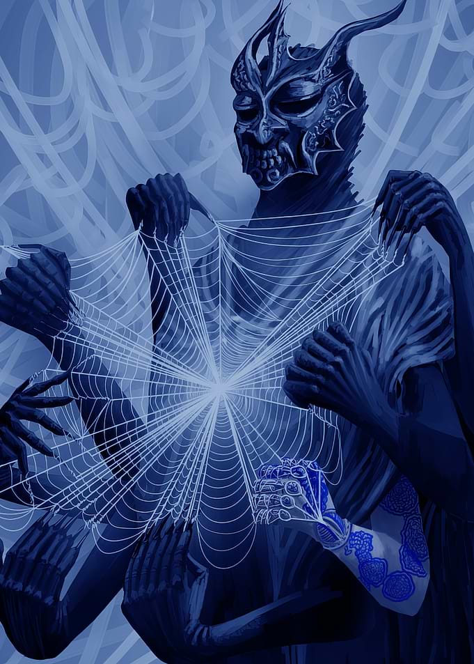 Demonic Figure Weaving a Spiderweb