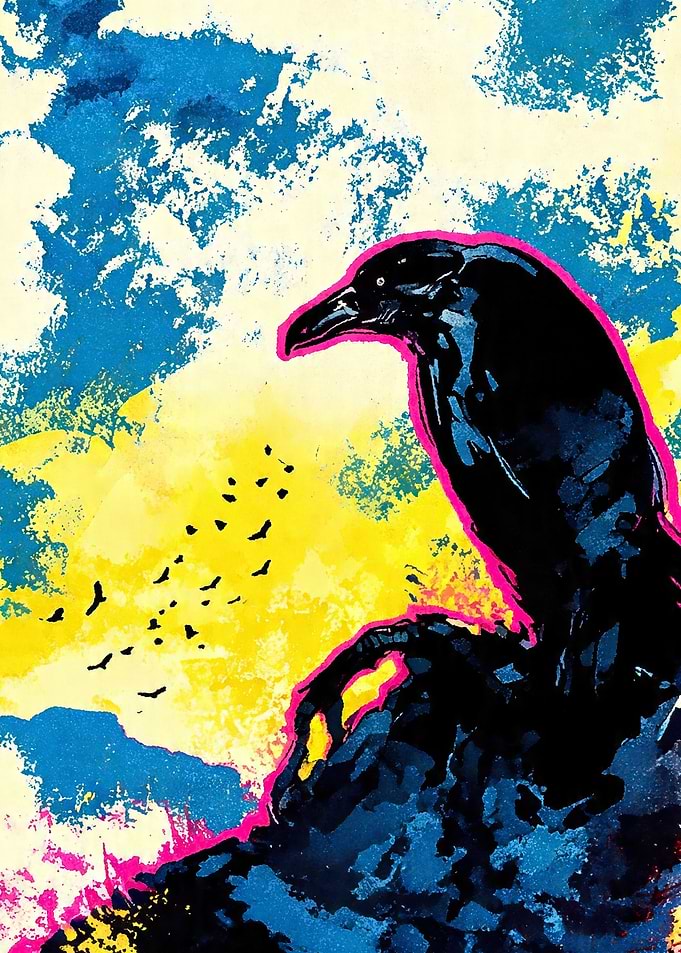 Raven with Flock of Birds