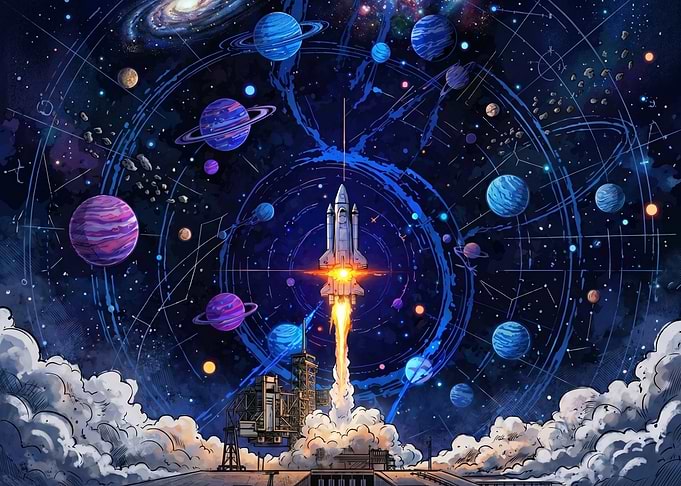 Space Shuttle Launch into Cosmic Galaxy