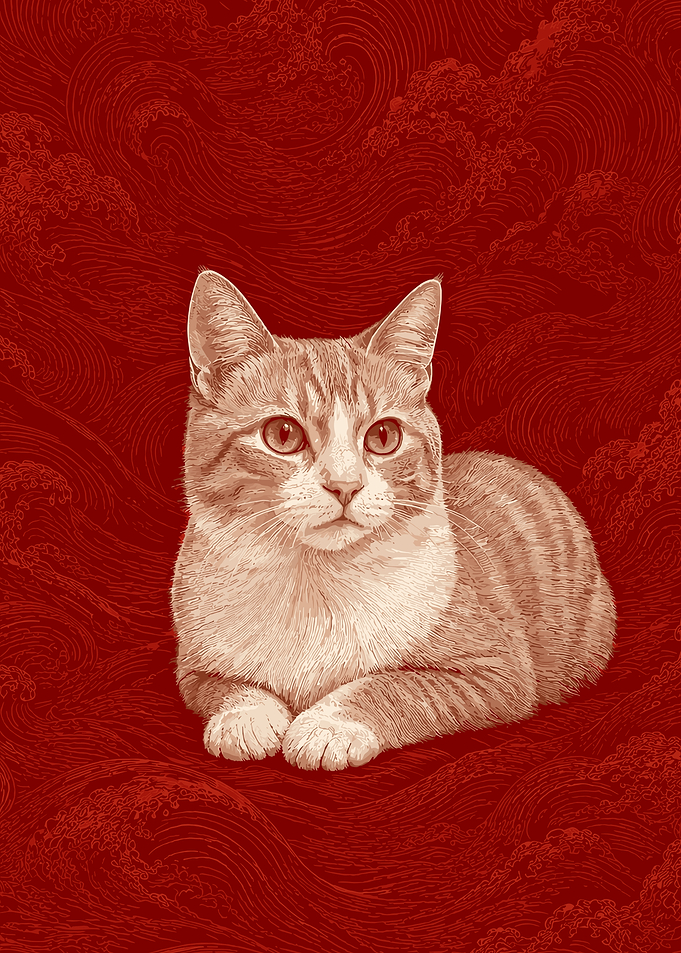 Tabby Cat on Red Waves
