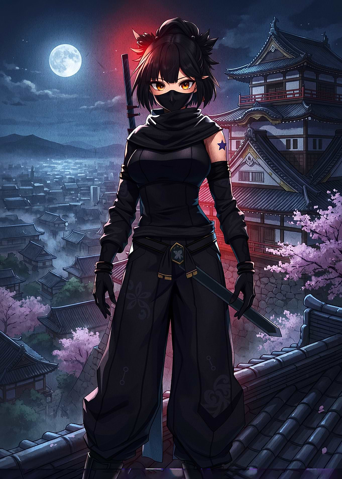 Anime Ninja Girl in Japanese City