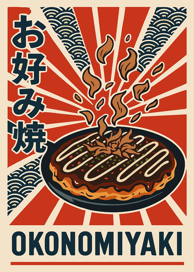 Retro Okonomiyaki Japanese Food Poster Vintage Skillet Wall Art Red Sunburst Design
