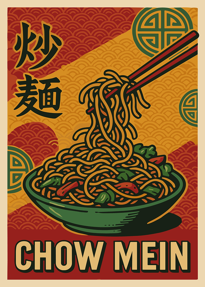 Retro Chow Mein Noodles Poster Asian Food Wall Art Vintage Kitchen Decor