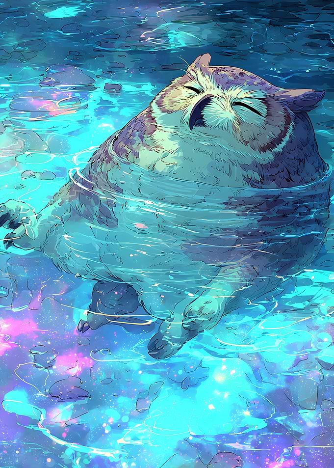 Fat Owl Floating and swimming with sleep in Water cosmic