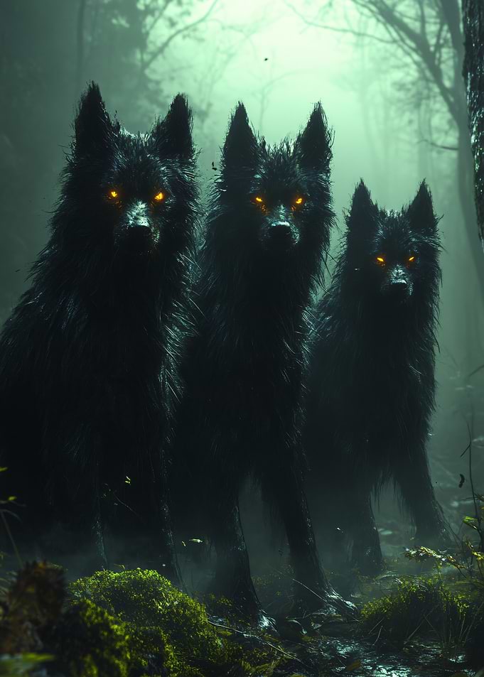 Three black wolves with glowing eyes